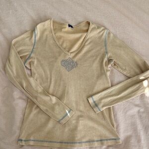 Beige Long Sleeve Top with Embroidered Detail Y2K Grunge